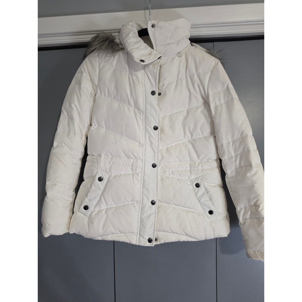 Excellent Kenneth Cole Reaction Puffer Jacket Size M White Faux Fur Hood Trim